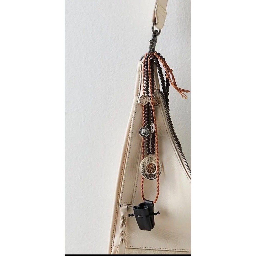 Free People Coin and Pouch Bag Charm Wood Bead Leather Boho Accessory NEW